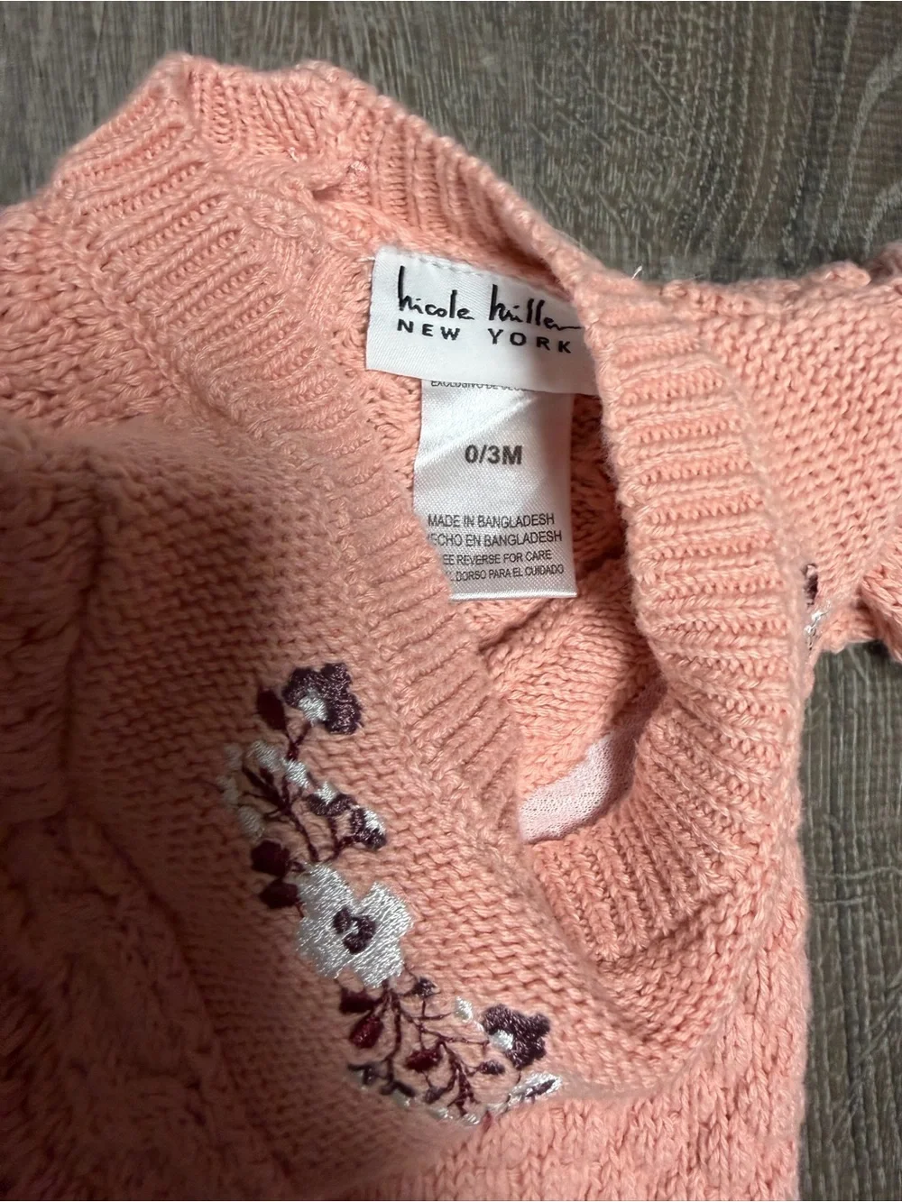 Nicole Miller Peach Knit Two-Piece Pajama Set with Floral Embroidery